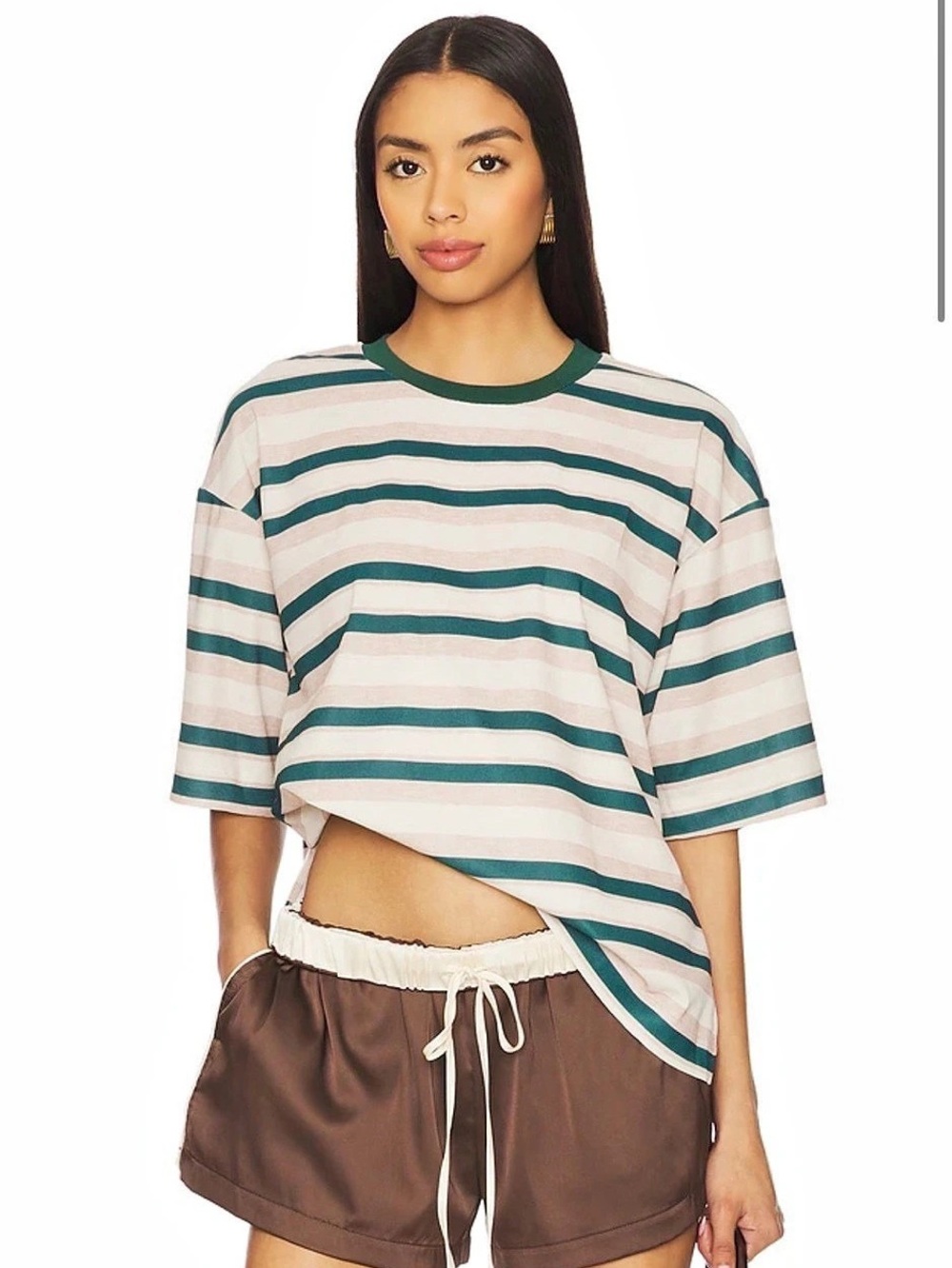 Lioness Emerging Oversized Tee | Green Beige Striped | Size S